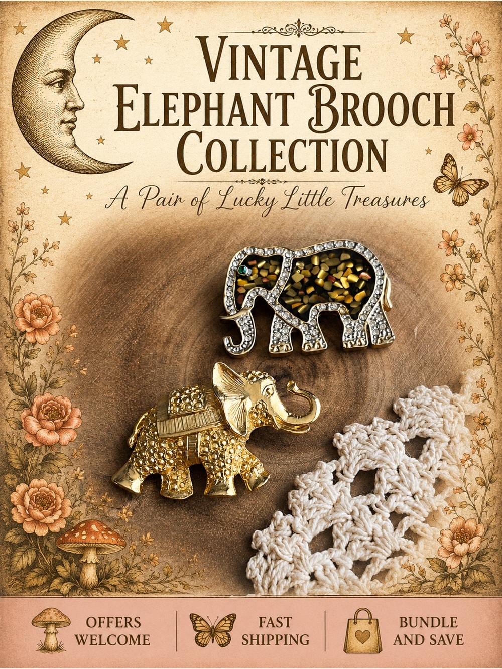 Vintage Elephant Brooch Set Gold Tone Rhinestone Enamel Pins